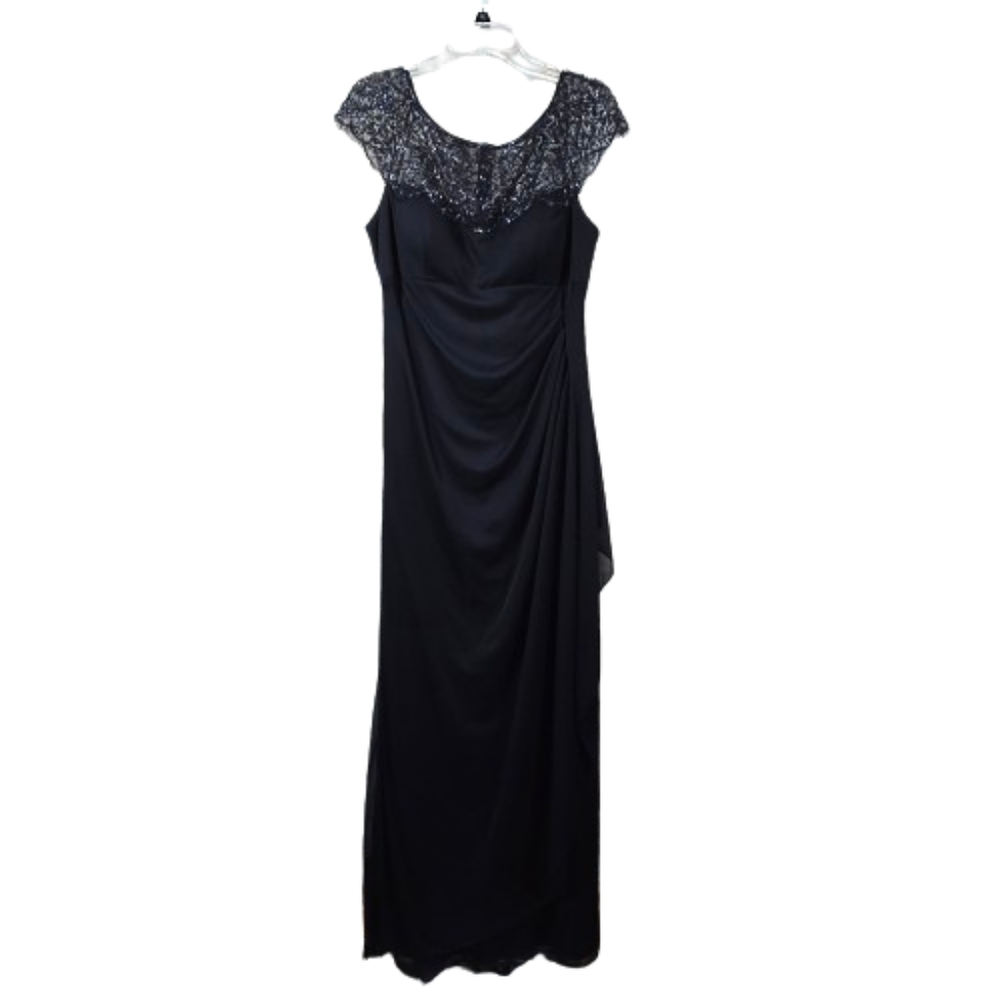 Xscape, NWT, Navy Gown, Beads & Sequins, Sheer Overlay, Cascading Waist, Size 10